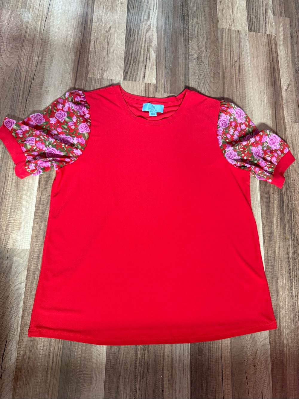 Cece Red Tee with Floral Puff Sleeves